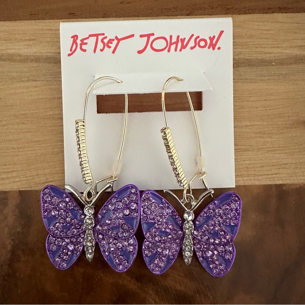 Betsey Johnson Purple Metallic Crystal Butterfly Drop Earrings NWT